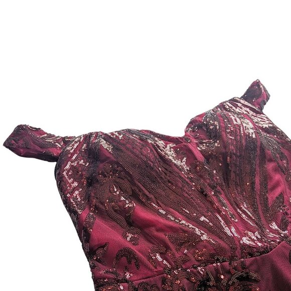 Burgundy Semi-Sheer Illusion Corset Bodice Formal Pageant Gown w/ Train Size 14 - Picture 8 of 9